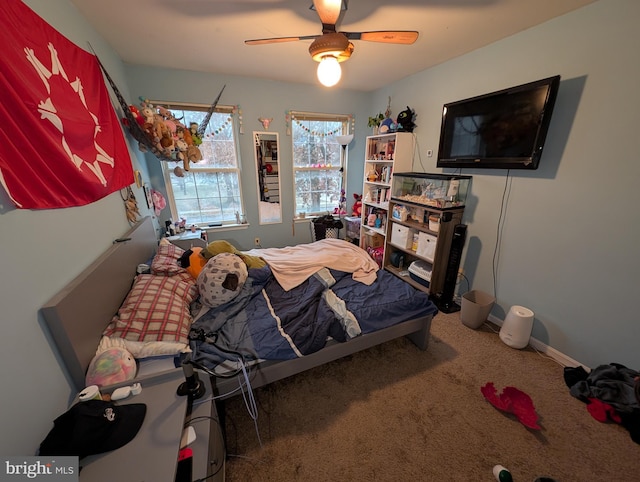 bedroom featuring carpet flooring and ceiling fan