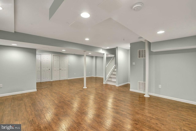 basement with wood-type flooring