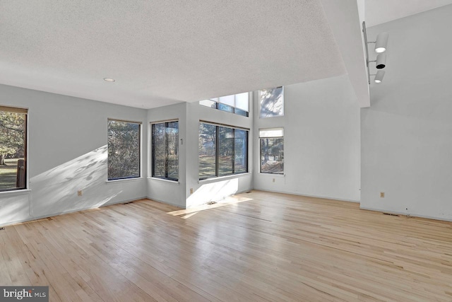 unfurnished living room featuring a healthy amount of sunlight, light hardwood / wood-style flooring, and a textured ceiling