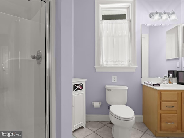 bathroom with a stall shower, baseboards, toilet, tile patterned floors, and vanity