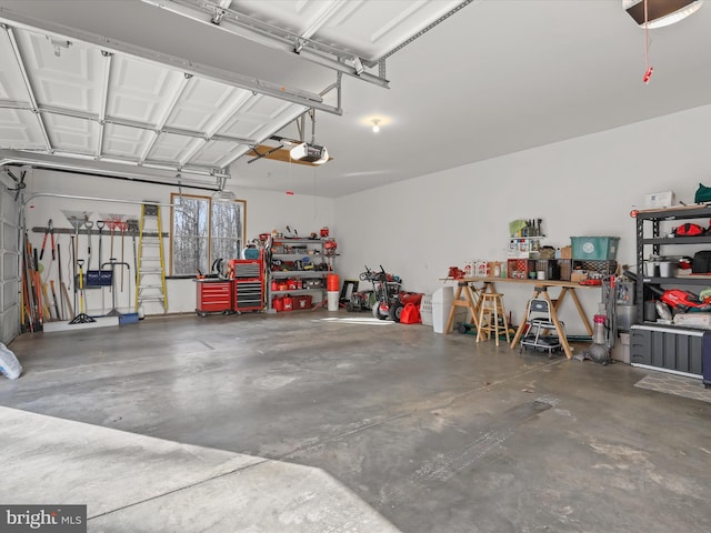 garage featuring a workshop area and a garage door opener