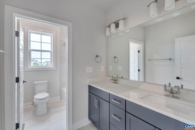 full bathroom featuring vanity, tile patterned floors, shower / bathtub combination, and toilet