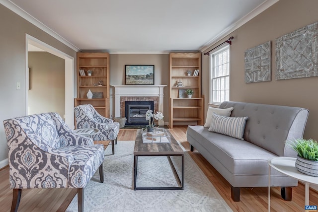 living room with a fireplace, ornamental molding, and light hardwood / wood-style floors