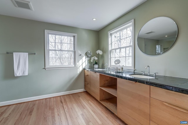 bathroom featuring vanity, plenty of natural light, and wood-type flooring