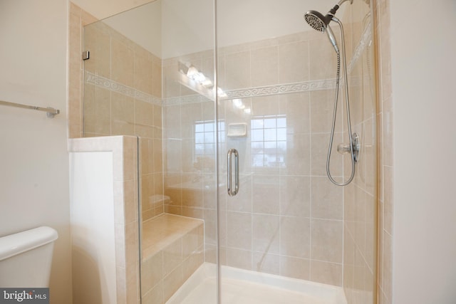 bathroom featuring an enclosed shower and toilet