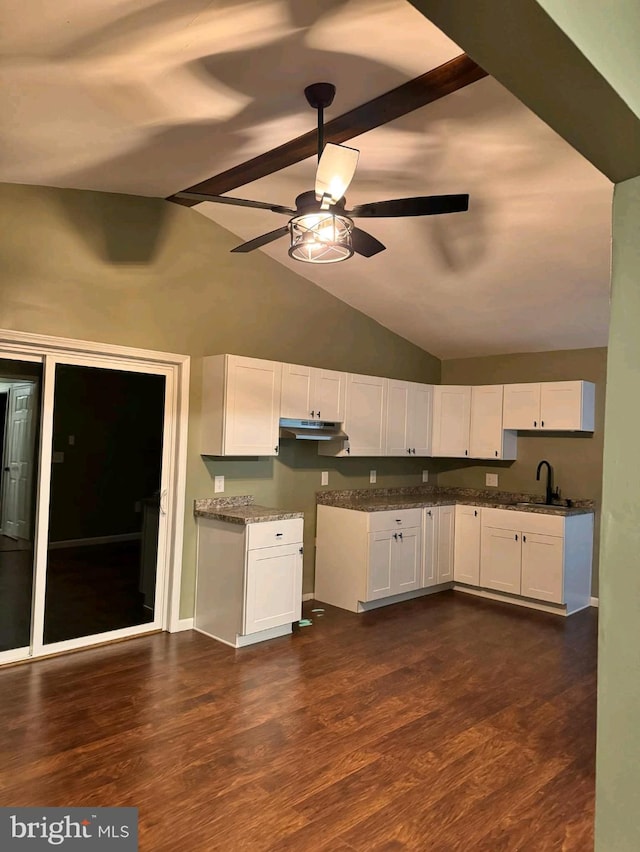 kitchen with white cabinetry, sink, dark wood-type flooring, and ceiling fan