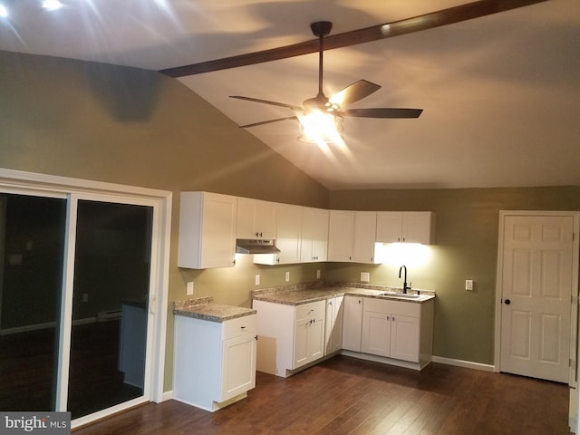 kitchen with white cabinetry, lofted ceiling, sink, and dark hardwood / wood-style flooring