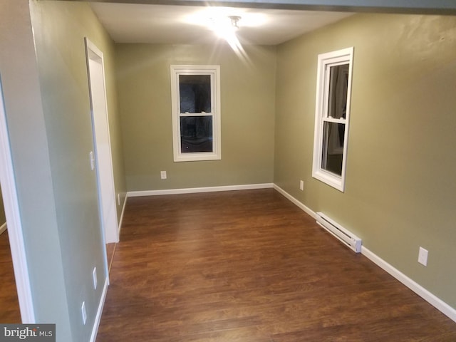 empty room featuring baseboard heating and dark hardwood / wood-style flooring