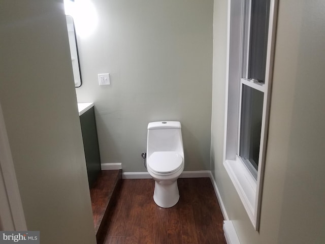 bathroom with vanity, hardwood / wood-style flooring, and toilet