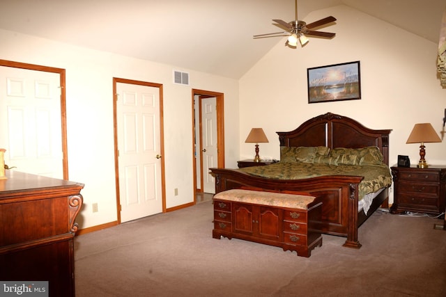 2477 Meade Dr, Vineland, NJ 08361 - bedroom featuring carpet floors, vaulted ceiling, and ceiling fan
