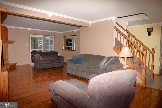 living room with crown molding and wood-type flooring