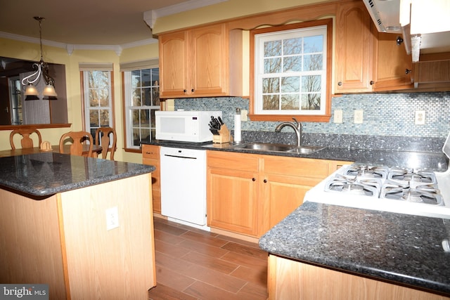 2477 Meade Dr, Vineland, NJ 08361 - kitchen with tasteful backsplash, crown molding, sink, and white appliances