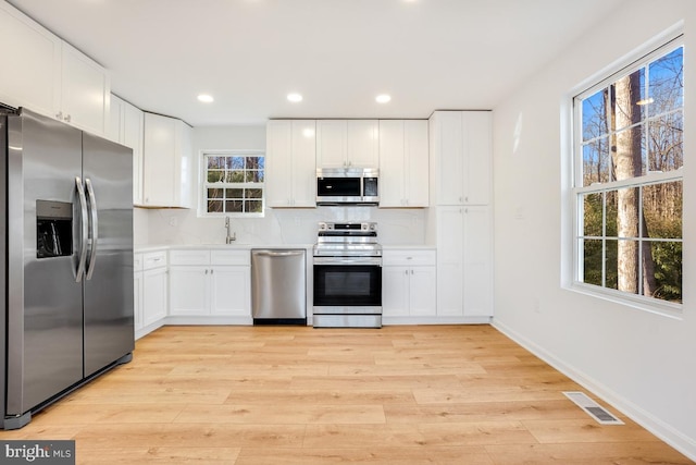 kitchen featuring sink, tasteful backsplash, appliances with stainless steel finishes, light hardwood / wood-style floors, and white cabinets