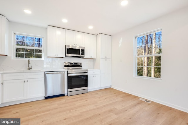 kitchen with white cabinetry, appliances with stainless steel finishes, light hardwood / wood-style floors, and decorative backsplash