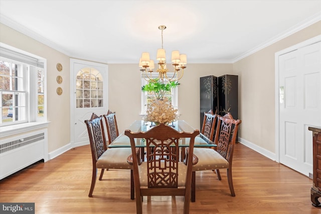 dining space with crown molding, radiator, a chandelier, and light wood-type flooring