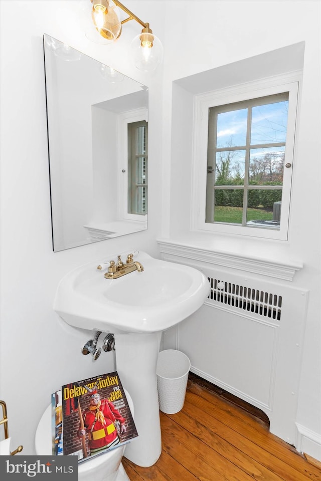 bathroom featuring hardwood / wood-style floors and radiator heating unit