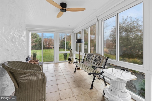 sunroom / solarium featuring a wealth of natural light and ceiling fan