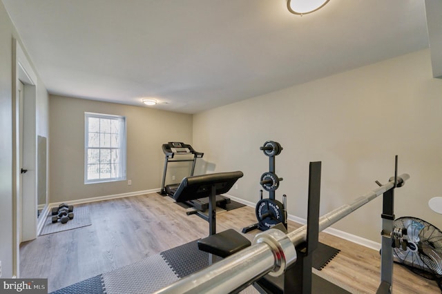 workout room with light hardwood / wood-style floors