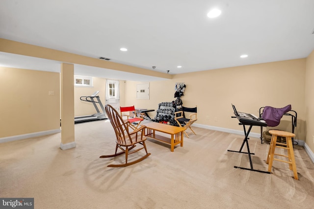 workout area with carpet flooring, recessed lighting, visible vents, and baseboards