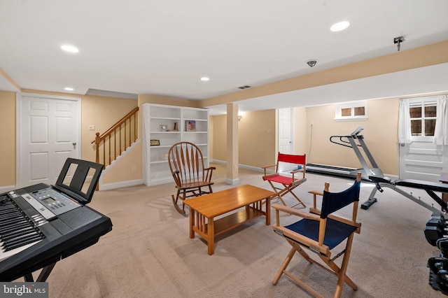 workout room with recessed lighting, visible vents, baseboards, and light colored carpet