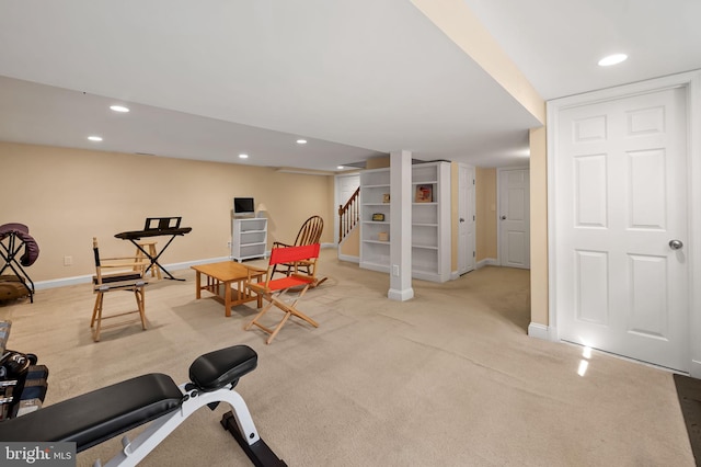 exercise room featuring recessed lighting, baseboards, and carpet flooring