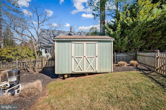 view of shed featuring a fenced backyard