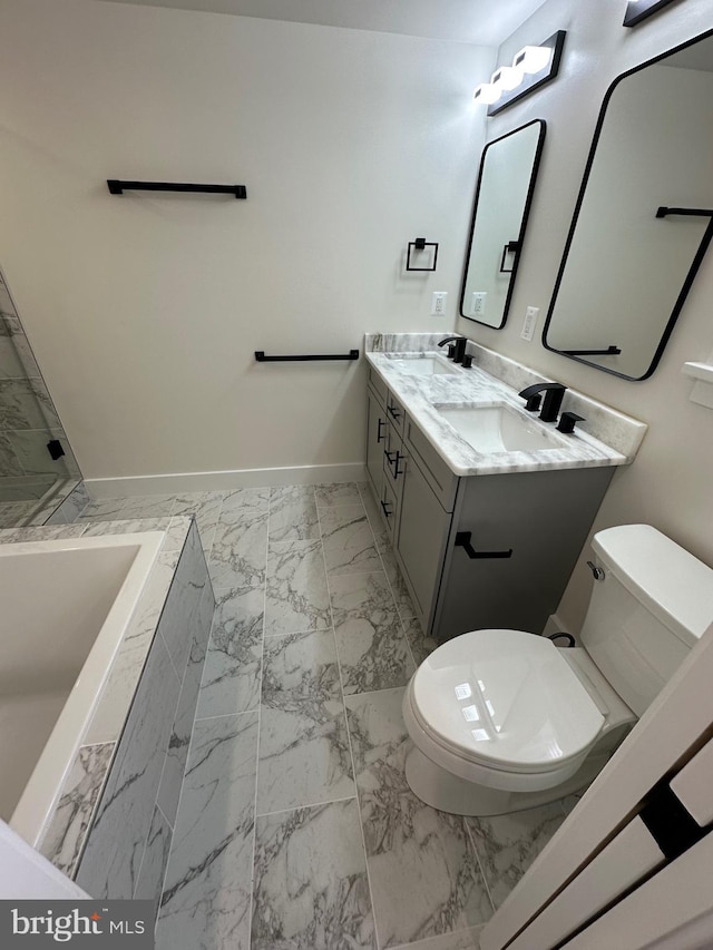 bathroom with vanity, a bathing tub, and toilet