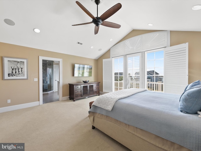 carpeted bedroom with ceiling fan, lofted ceiling, and access to outside