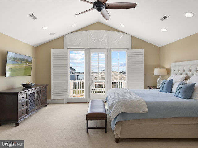 bedroom featuring vaulted ceiling, light carpet, access to exterior, and ceiling fan