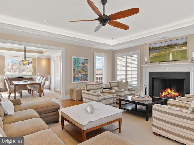 living room featuring a raised ceiling, ceiling fan, and light hardwood / wood-style flooring