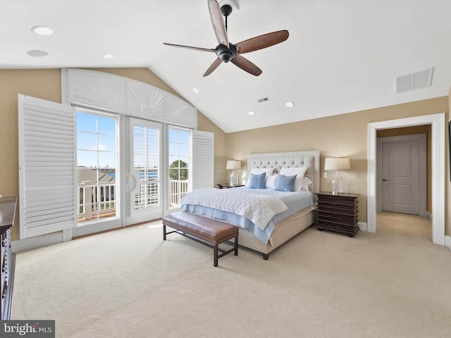 carpeted bedroom featuring ceiling fan, lofted ceiling, and access to outside