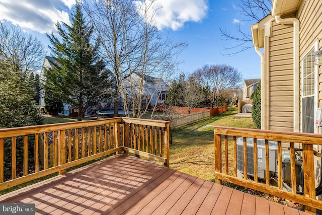 deck with fence, central AC unit, and a yard