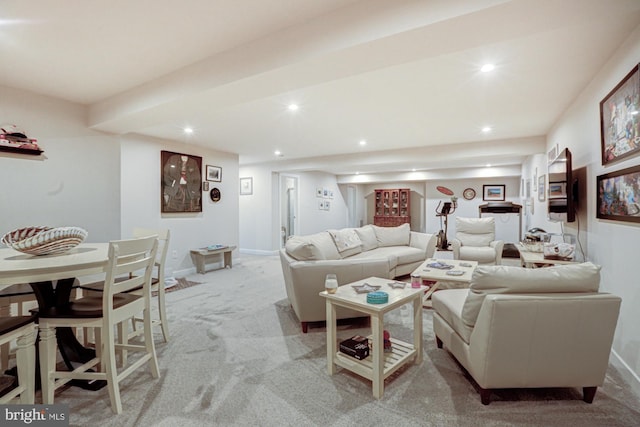 living room with light colored carpet