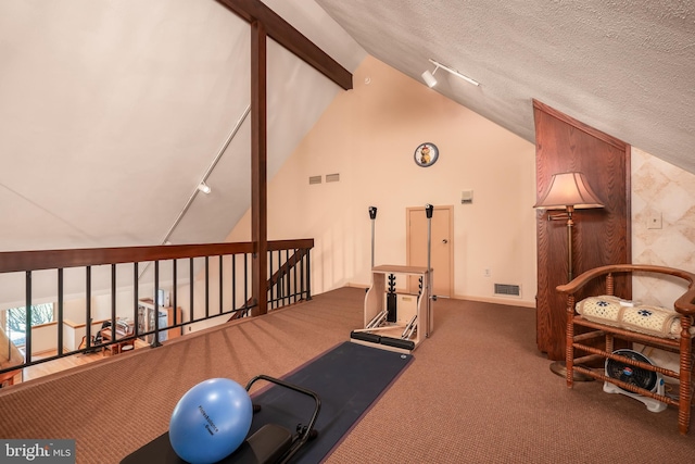 exercise area featuring a textured ceiling, carpet, rail lighting, and visible vents