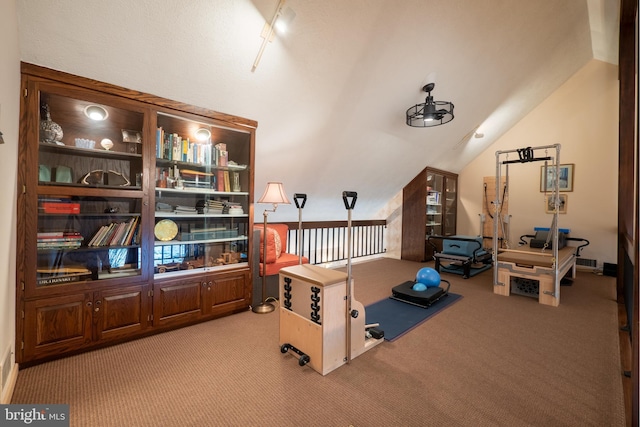 exercise area with light carpet, track lighting, and lofted ceiling