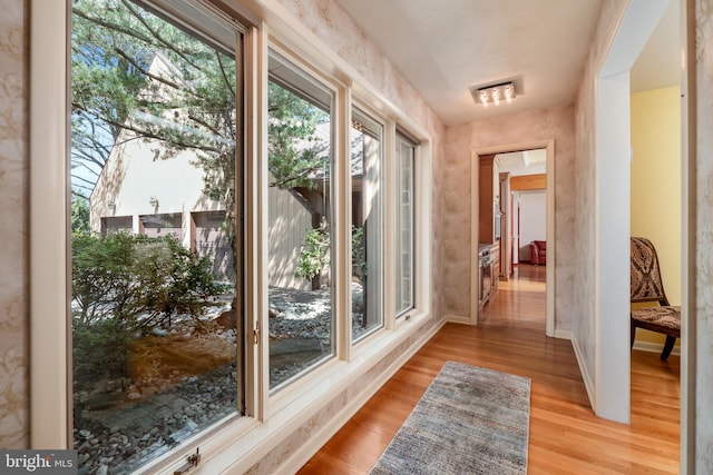 doorway to outside with baseboards, visible vents, and wood finished floors