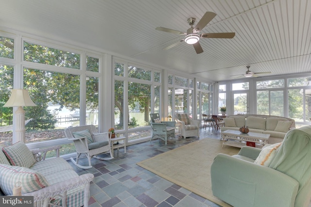 sunroom featuring plenty of natural light and ceiling fan