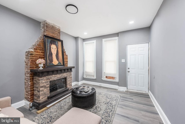 living room with wood-type flooring and a stone fireplace