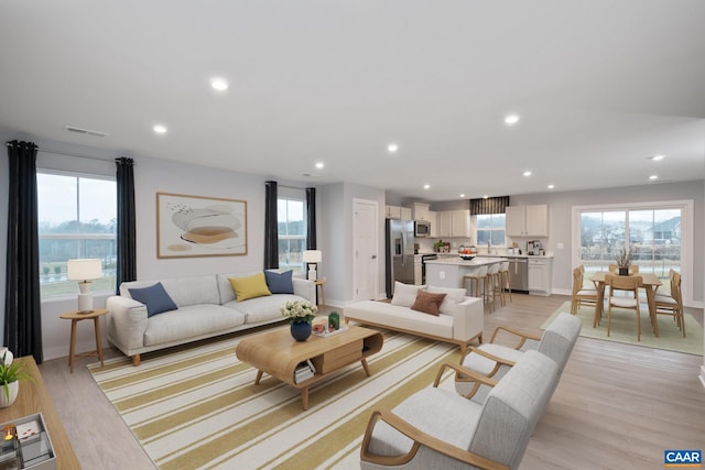 living room with a healthy amount of sunlight and light hardwood / wood-style floors