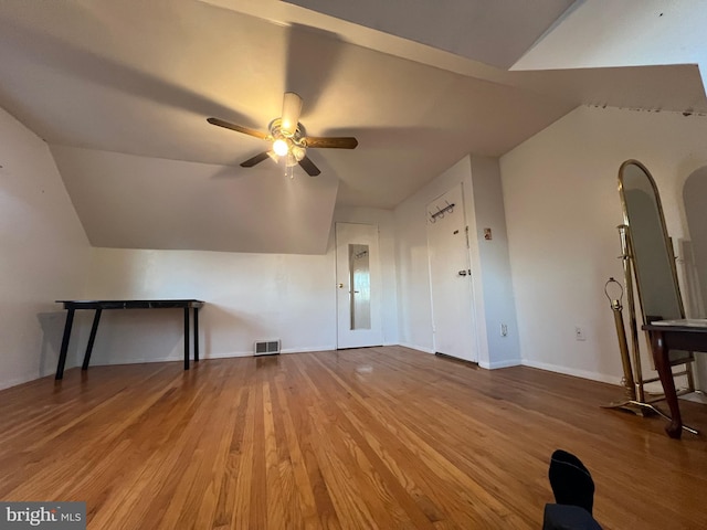 bonus room with vaulted ceiling, ceiling fan, and hardwood / wood-style floors