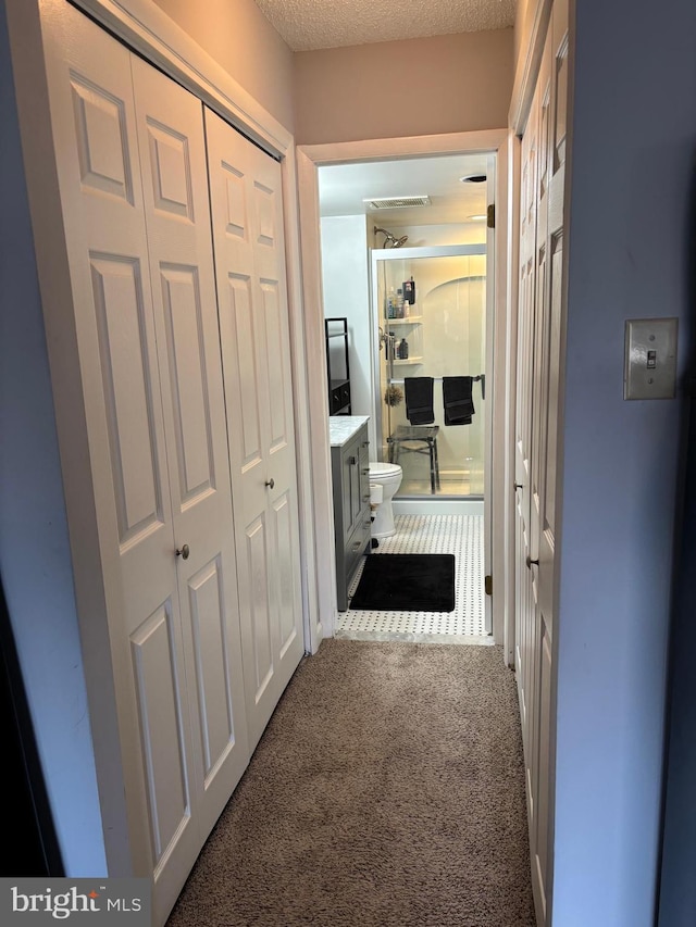 hallway featuring carpet floors and a textured ceiling