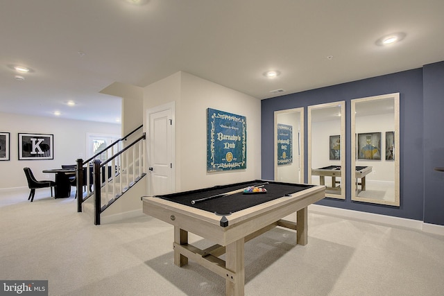 rec room with light colored carpet and billiards