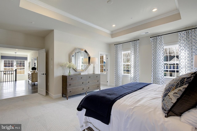 carpeted bedroom featuring crown molding and a raised ceiling