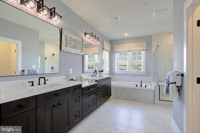 bathroom with vanity and plus walk in shower