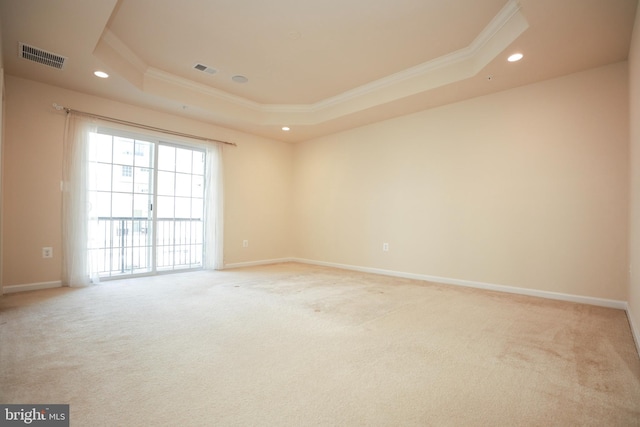 carpeted empty room with ornamental molding and a raised ceiling