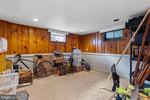 interior space featuring carpet flooring and wood walls