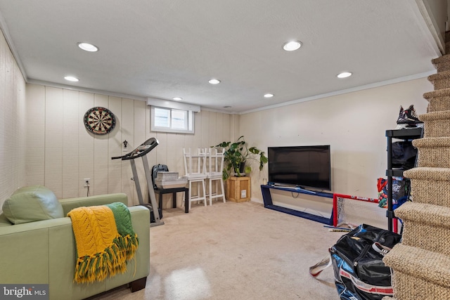 living room with ornamental molding and carpet floors