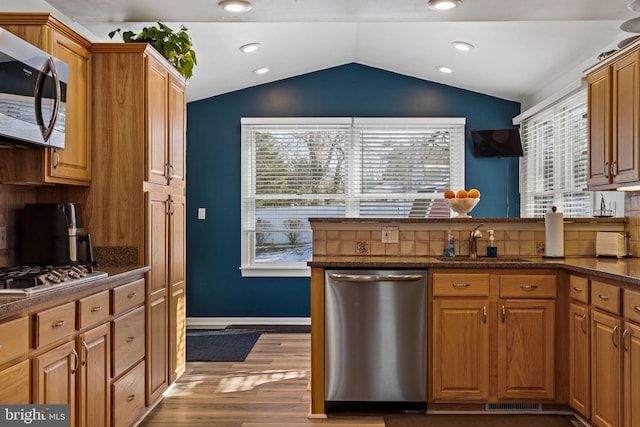 kitchen featuring lofted ceiling, sink, appliances with stainless steel finishes, hardwood / wood-style flooring, and backsplash