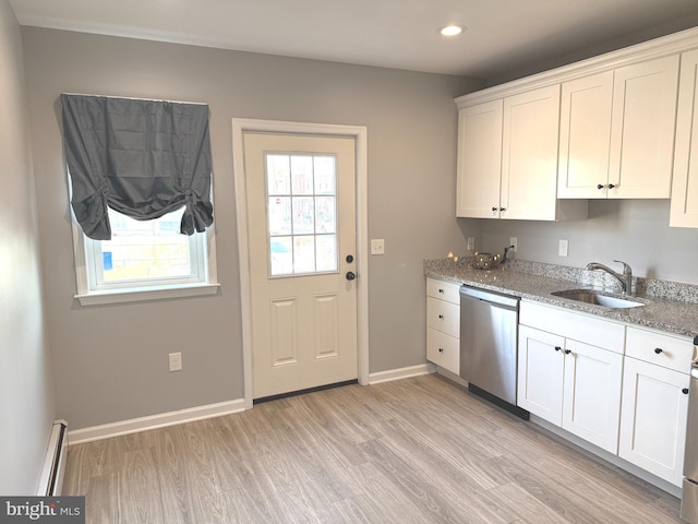 kitchen featuring white cabinetry, sink, stainless steel dishwasher, light hardwood / wood-style floors, and light stone countertops