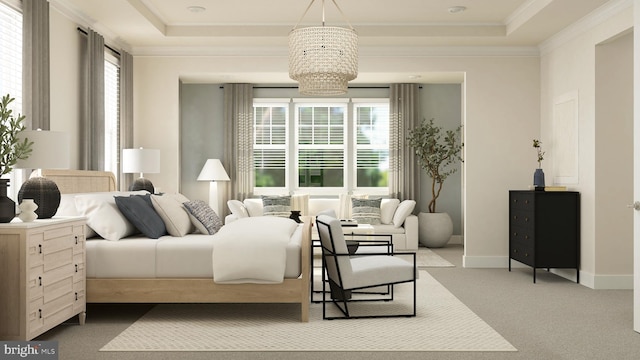 carpeted bedroom featuring crown molding, a raised ceiling, and a chandelier